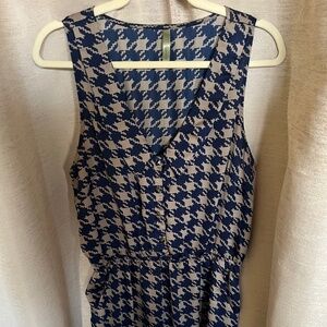 Navy & Gray Houndstooth Sleeveless Blouse | Cinched Waist | Tunic or Mini Style